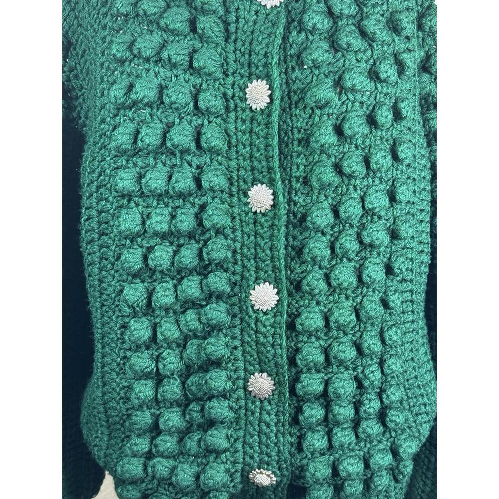 Vintage  Handmade 80s Green Popcorn Chunky Knit‎ Cardigan Sweater Size M - Picture 3 of 9